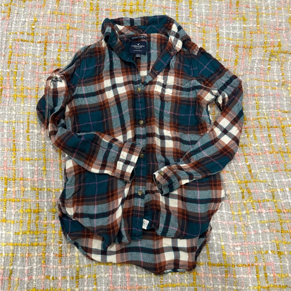 American Eagle Outfitters Plaid Button Down Shirt - Teal, Brown, White